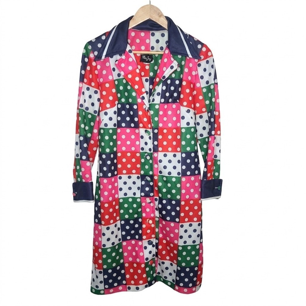 Vintage 70s Miss Joey Polka Dot Patchwork Dress Mod Disco Long Sleeve MCM
